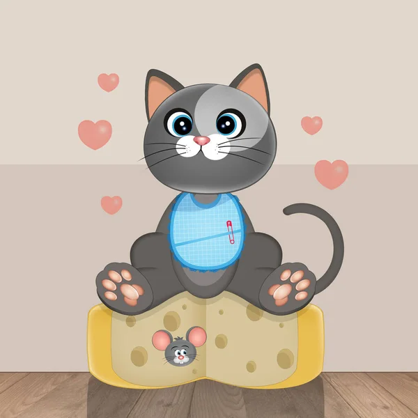 Ilustración Del Gato Sobre Trozo Del Queso —  Fotos de Stock