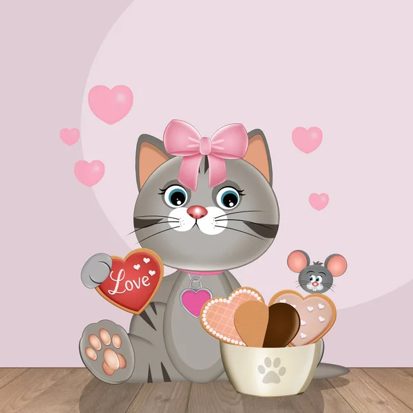 Illustration Der Katze Mit Herzförmigen Keksen — Stockfoto