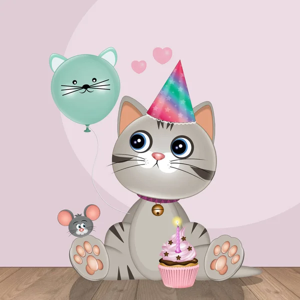 Illustrazione Del Gatto Che Festeggia Compleanno — Foto Stock