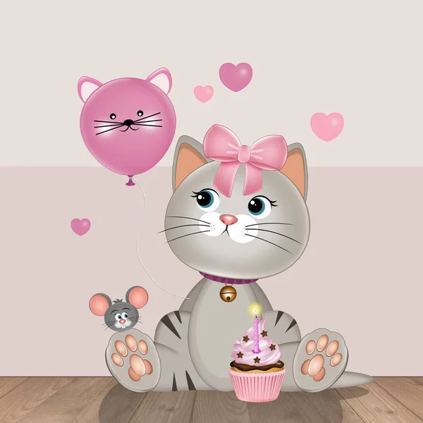 Ilustración Gato Con Cupcakes Trata — Foto de Stock
