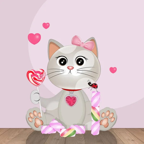 Ilustrasi Kucing Dengan Marshmallow — Stok Foto