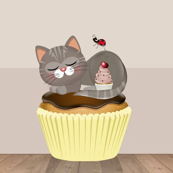 Divertida Ilustración Gato Durmiendo Cupcake — Foto de Stock