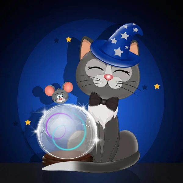 Lustige Illustration Des Zauberers Lustige Katze — Stockfoto