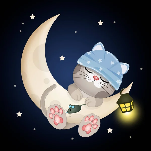 Illustratie Van Kitten Slapen Maan — Stockfoto
