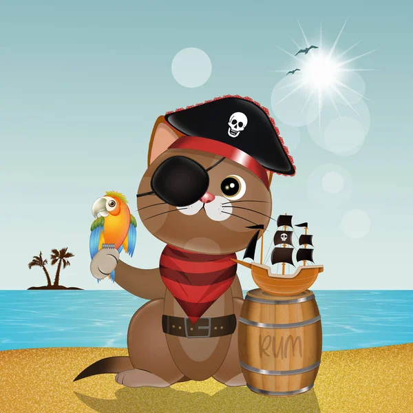 Ilustrace Pirátské Kočky Ostrově — Stock fotografie