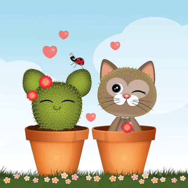 Illustration Kitten Pot Cat Shaped Cactus — Stock Photo, Image