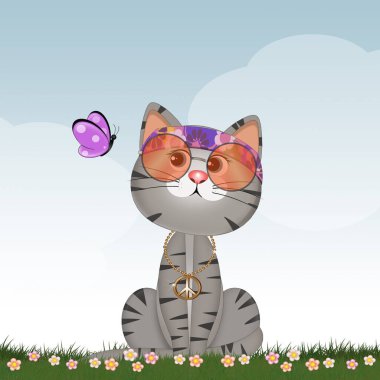 Hippi kedisinin komik bir çizimi