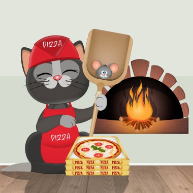 Pizza şefi kedisinin komik bir çizimi