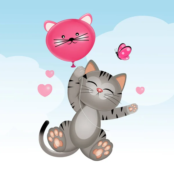 Illustration Cat Flies Hanging Balloon — Stock Photo, Image