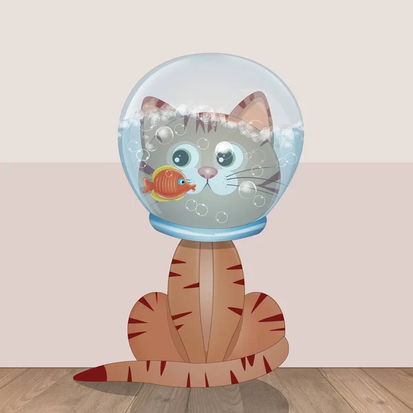 Rolig Illustration Katten Med Huvudet Akvariet — Stockfoto