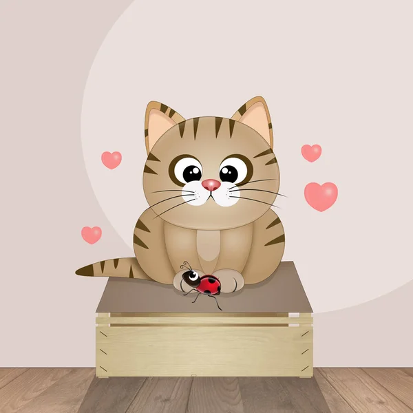 Illustration Cat Playing Ladybug — Stock Photo, Image