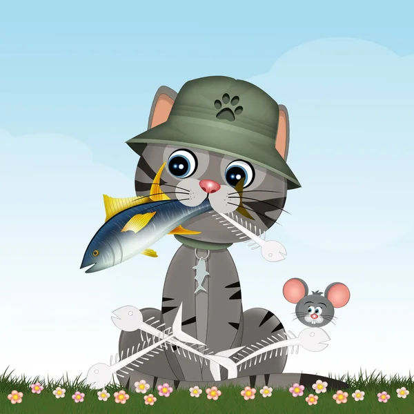 Illustration Der Katze Frisst Fischgräten — Stockfoto