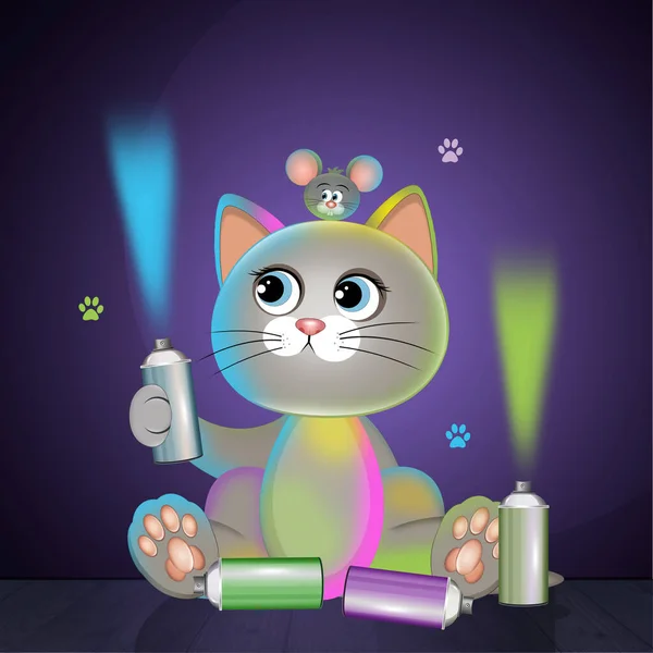 Illustration Katt Med Färgade Sprayburkar — Stockfoto