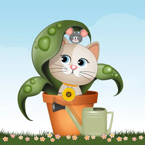 Illustration Kitten Flowerpot — Stock Photo, Image