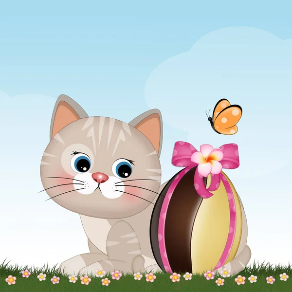 Ilustración Gato Con Huevo Pascua —  Fotos de Stock