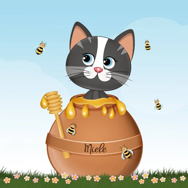 Illustration Cat Honey Pot — Stock Photo, Image