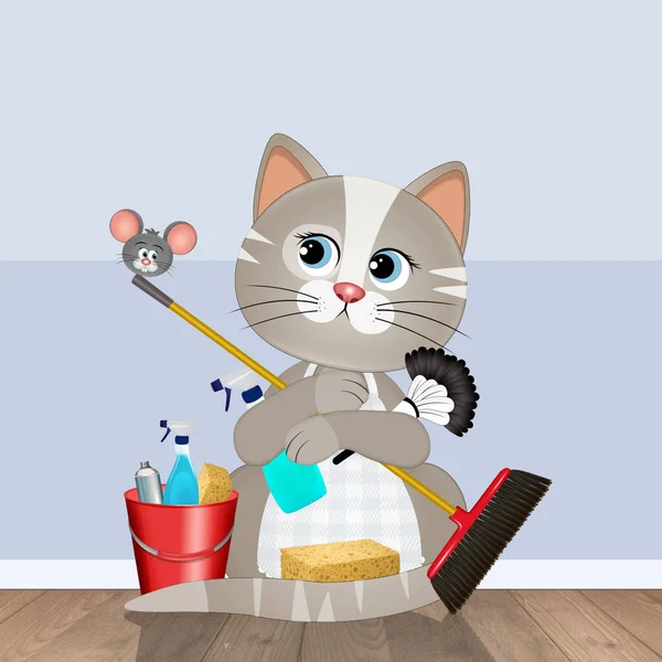 Ilustración Del Gato Hace Limpieza — Foto de Stock