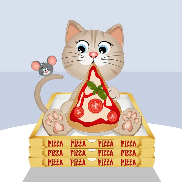 Ilustración Gato Come Pizza — Foto de Stock