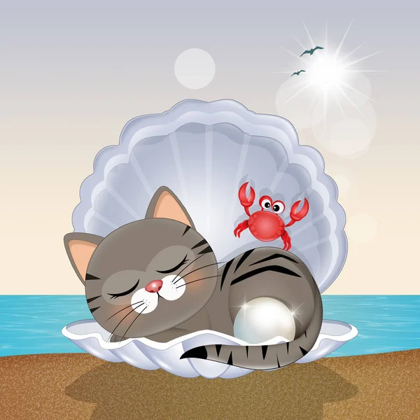 Illustration Kitten Seashell Beach — Stock Photo, Image
