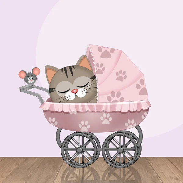 illustration of cat in the pink crib