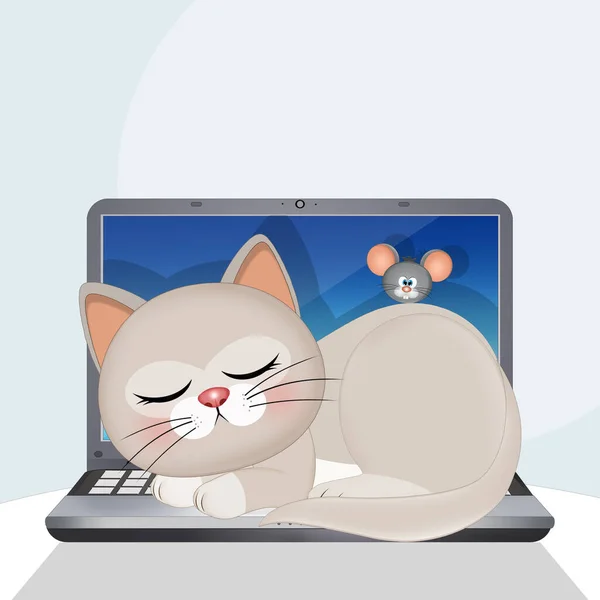 Ilustrace Kočky Spí Notebooku — Stock fotografie