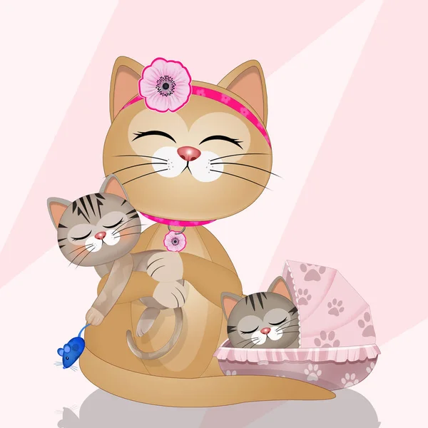 illustration of mom cat with kittens