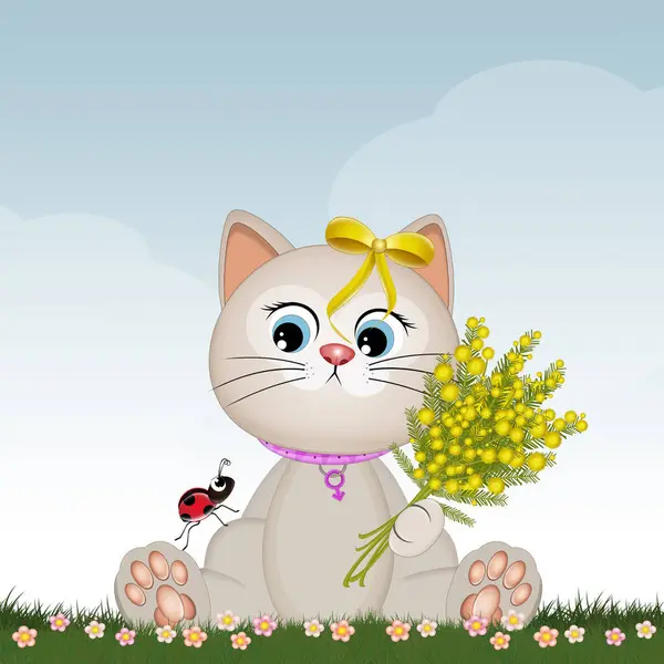 funny illustration of cat with mimosa flowers