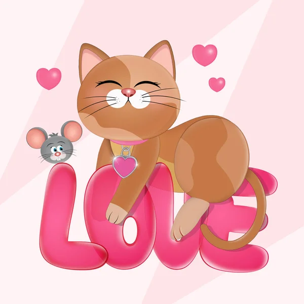 Aşk Üzerine Yazılmış Kedinin Komik Bir Çizimi — Stok fotoğraf