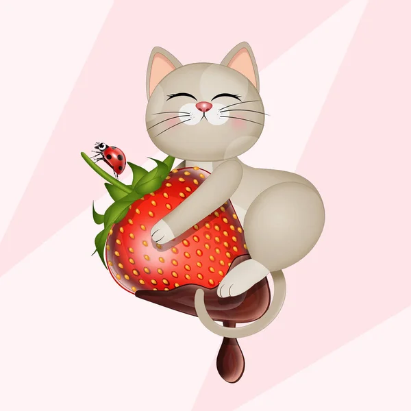 Lustige Illustration Der Katze Auf Schokoladen Erdbeere — Stockfoto