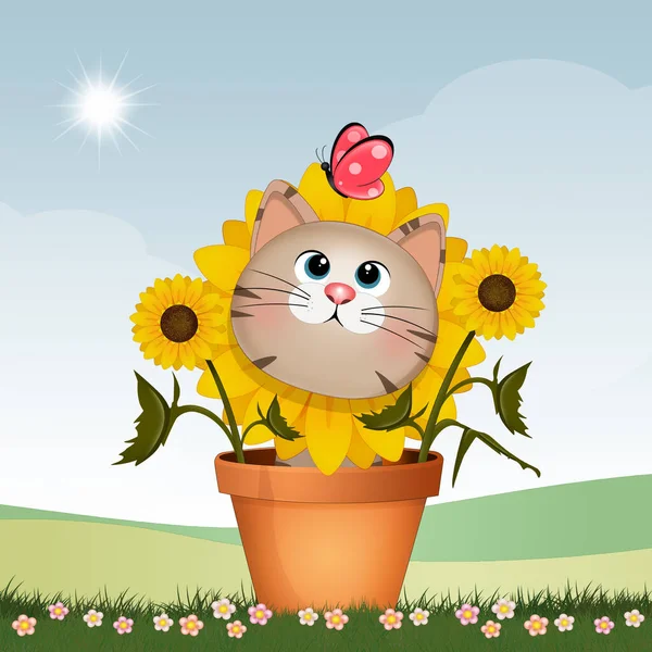 Lustige Illustration Der Katze Topf Mit Sonnenblumen — Stockfoto