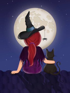 Kara kediyle çatıda oturan cadı.