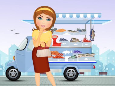 Kadın illüstrasyonu taze balık satın alır.