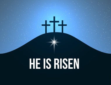 Paskalya Pazarı konsepti. O dirildi. Yıldızlı gece gökyüzü, parlak yıldız ve tepede haç. İsa Mesih 'in dirilişinin dini sembolü.