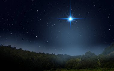  Gece ormanı üzerinde sis yükseliyor. Parlak yıldız, yıldızlı gökyüzünde İsa 'nın doğuşunu gösterir..
