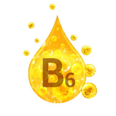 B6 vitamini. Altın damlalar ve oksijen baloncuklu toplar. Sağlık konsepti. Beyaz arkaplanda izole