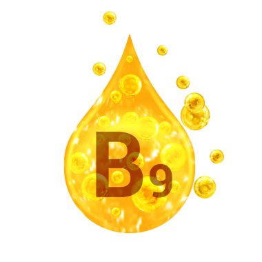B9 vitamini. Altın damlalar ve oksijen baloncuklu toplar. Sağlık konsepti. Beyaz arkaplanda izole