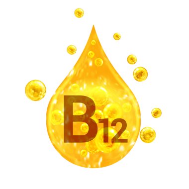 B12 vitamini. Altın damlalar ve oksijen baloncuklu toplar. Sağlık konsepti. Beyaz arkaplanda izole