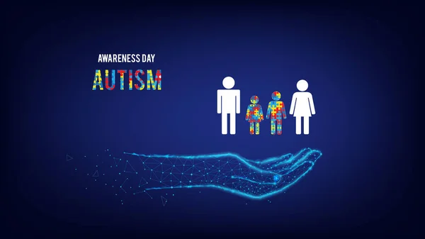 自閉症の意識の日 お母さん お父さん 多角形の手に子供たち パズルピース 青の背景 — ストックベクタ