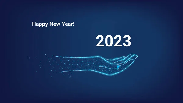 Gelukkig Nieuwjaar 2023 Hand Vanuit Driehoeken Punten Donkerblauwe Achtergrond — Stockvector