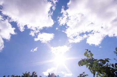 Parlak güneş ve bulutlu mavi gökyüzü. Anormal ısı kavramı