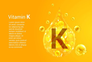 K vitamini. İçinde oksijen baloncuklu altın damlaların vektör görüntüleri var. Sağlık kavramı. 