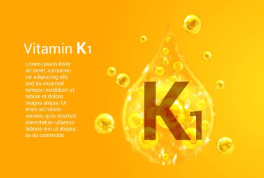 K1 vitamini. İçinde oksijen kabarcıkları olan altın damlaların vektör görüntüleri olan baner. Sağlık kavramı. 
