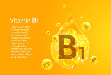 B1 vitamini. İçinde oksijen kabarcıkları olan altın damlaların vektör görüntüleri olan baner. Sağlık kavramı. 