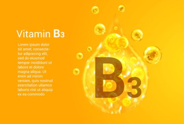 B3 vitamini. İçinde oksijen kabarcıkları olan altın damlaların vektör görüntüleri olan baner. Sağlık kavramı. 