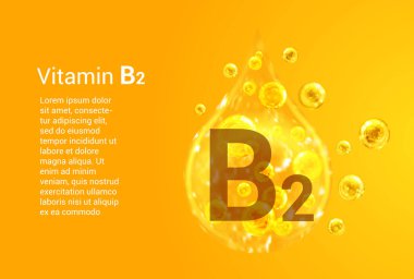 B2 vitamini. İçinde oksijen kabarcıkları olan altın damlaların vektör görüntüleri olan baner. Sağlık kavramı. 