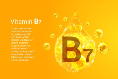 B7 vitamini. İçinde oksijen kabarcıkları olan altın damlaların vektör görüntüleri olan baner. Sağlık kavramı. 