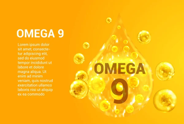 ビタミンOmega9 酸素泡を持つ黄金の滴のベクトル画像とバナー 健康コンセプト — ストックベクタ