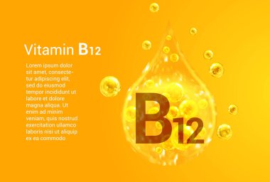 B12 vitamini. İçinde oksijen kabarcıkları olan altın damlaların vektör görüntüleri olan baner. Sağlık kavramı. 