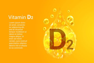 D2 vitamini. İçinde oksijen kabarcıkları olan altın damlaların vektör görüntüleri olan baner. Sağlık kavramı. 