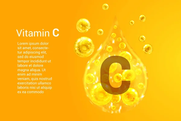 ビタミンC酸素泡と黄金の滴のベクトル画像とバナー 健康コンセプト — ストックベクタ